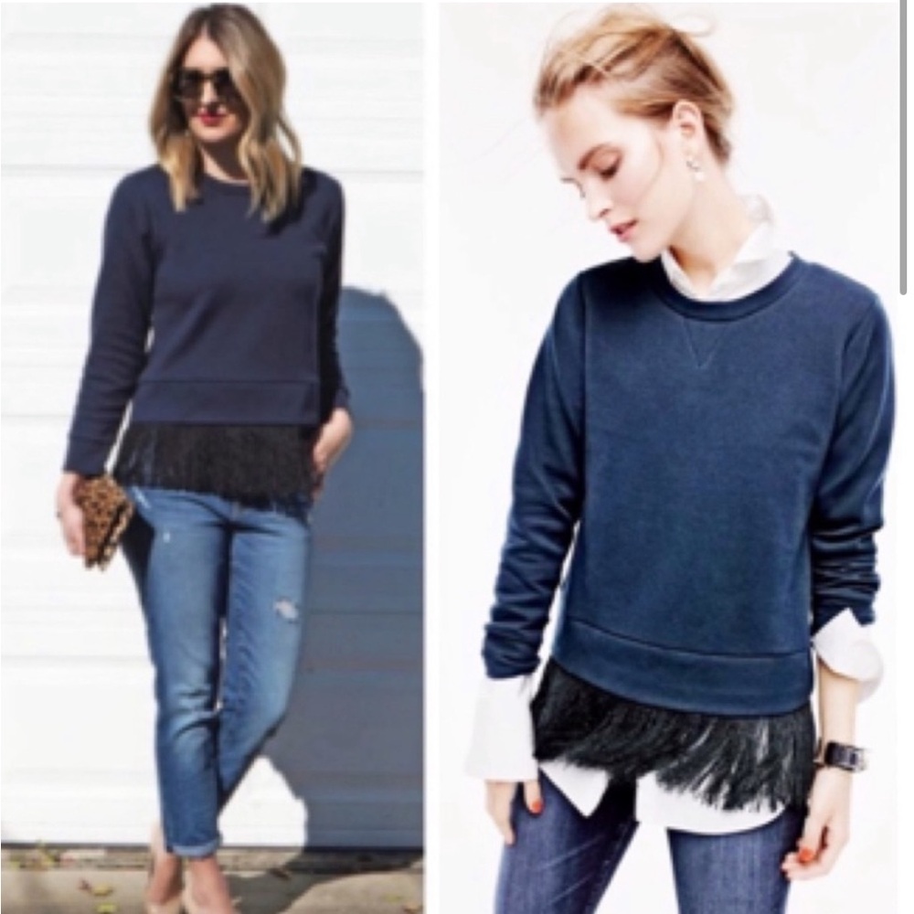 J Crew Fringe Gem Crewneck Sweater Navy Black Fringe XS